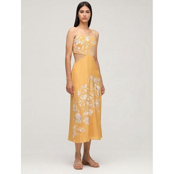 JOHANNA ORTIZ Embroidered Cut Out Midi Dress 12 L Silk Yellow Gold Floral $2250 - Picture 4 of 9